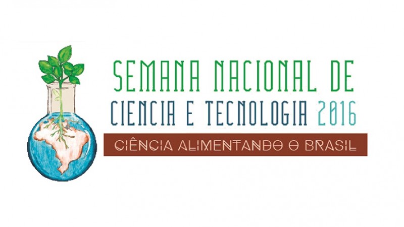 Logotipo composto pelo nome do evento escrito com letras verde e azul. Abaixo, o tema escrito em branco sobre fundo bordô. À esquerda, o símbolo composto pela ilustração de uma planta brotando do mapa do Brasil que emerge da água, em um tubo de ensaio.