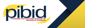 À esquerda, o logotipo do Pibid com letras na cor azul escuro e detalhes gráficos na cor amarela. À direita, grafismos na diagonal nas cores azul escuro e amarelo.