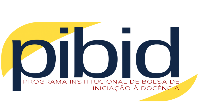 Logotipo: Pibid escrito em letras minúsculas e em azul ao centro, abaixo e em vermelho Programa Institucional de Bolsa de Iniciação à Docência, e bordas amarelas no canto superior esquerdo e inferior direito.
