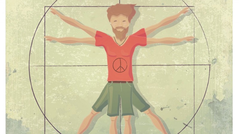 Imagem estilizada do homem vitruviano, de Leonardo Davinci. Na imagem, o homem possui barba e veste camiseta vermelha com bermuda verde.