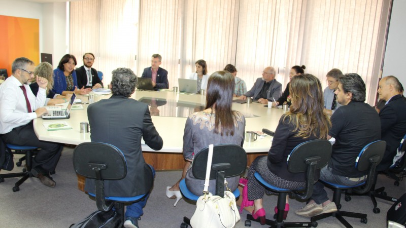 Participantes da reunião sentados ao redor de uma mesa.