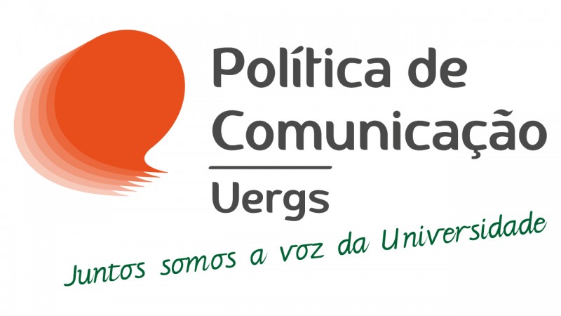 Conjunto de balões de fala laranja sobrepostos em perspectiva. Ao lado, a escrita Política de Comunicação Uergs e, abaixo, Juntos somos a voz da Universidade.