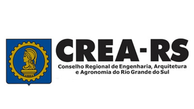 Logotipo do Conselho Regional de Engenharia, Arquitetura e Agronomia do Rio Grande do Sul composta por um busto da deusa Minerva ao centro de uma engrenagem em dourado sobre fundo azul. À direita e em preto, "CREA-RS". Abaixo, o nome do Conselho.