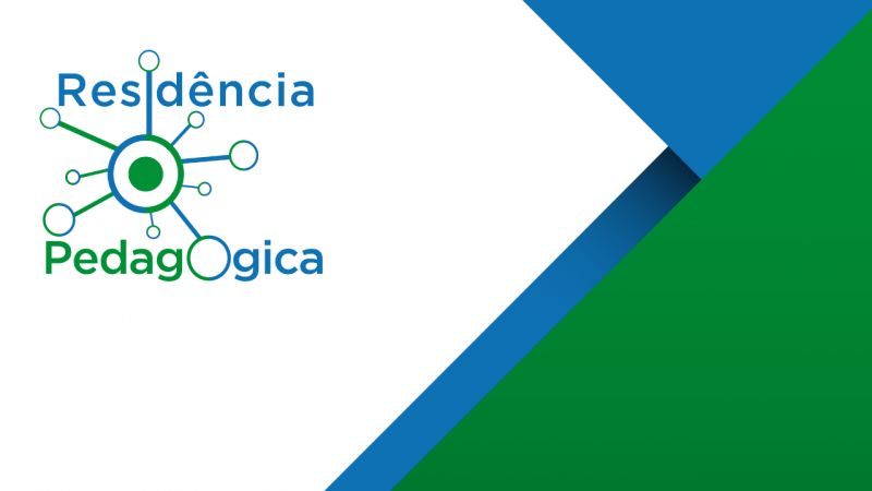 Imagem com fundo branco com três fixas diagonais em ângulos diferentes, no lado direito da imagem, nas cores azul e verde. À esquerda, o logo formado por várias esferas nessas mesmas cores e o texto "Residência Pedagógica".