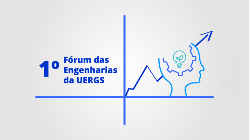 Logotipo do primeiro Fórum das Engenharias da Uergs, em tons de azul. Há duas retas perpendiculares representando um plano cartesiano, e que separam o nome do evento à esquerda e o desenho de uma seta ascendente e uma cabeça com engrenagem e lâmpada à direita.
