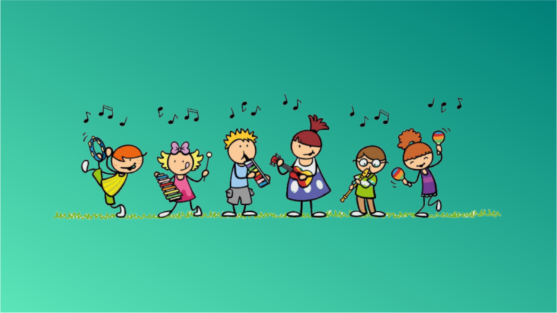 Ilustração de seis crianças tocando diferentes instrumentos musicais