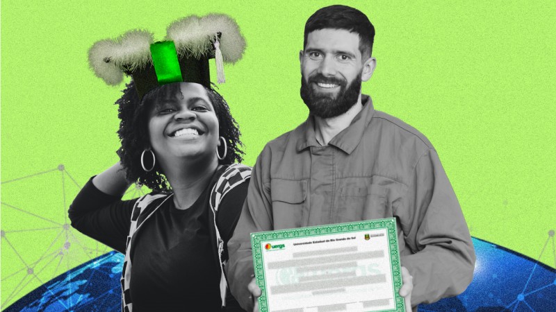 Imagem colorida de fundo verde claro. Sobre uma imagem de um globo terrestre com símbolos de conexões, aparece a foto de dois jovens sorridentes em preto e branco. Ela é negra e usa um capelo de formatura com detalhes em verde na cabeça. Ele é moreno claro, usa barba grossa e segura um diploma nas mãos.