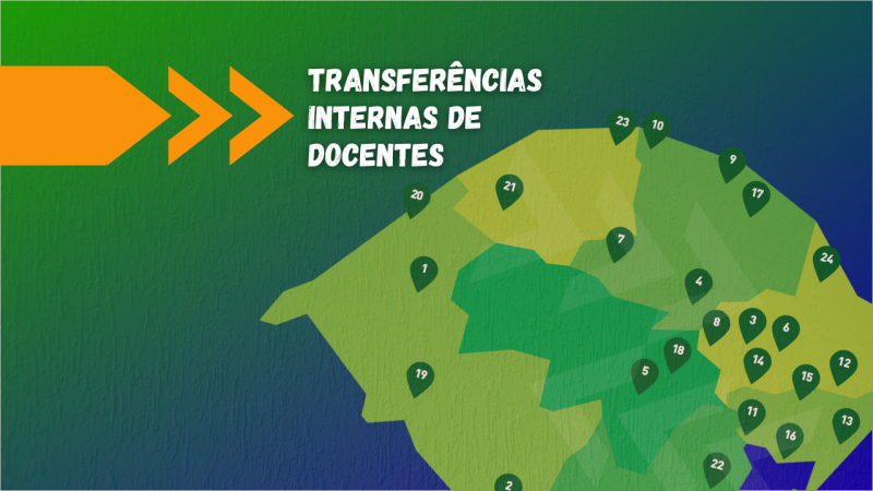 Imagem com fundo degradê de verde e azul. Na parte superior, uma barra unida a 3 setas em cor de laranja, seguida do texto Transferências Internas de Docentes. Na parte inferior direita, o mapa do RS com as Unidades da Uergs.