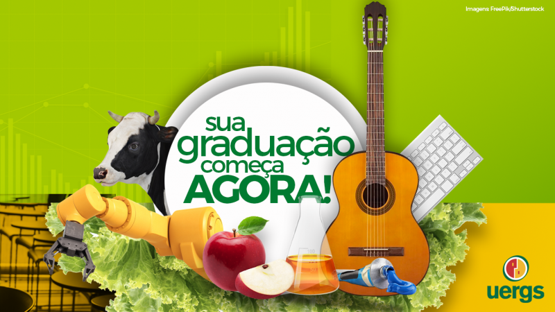 Imagem colorida, dividida ao meio entre as cores verde-limão e amarelo. Ao centro, sobre elipse branca, lê-se sua graduação começa AGORA. Ao redor, os elementos: vaca leiteira, teclado de computador, violão, folhas de alface, Erlenmeyer, tubo de tinta, maçã, braço robótico. 