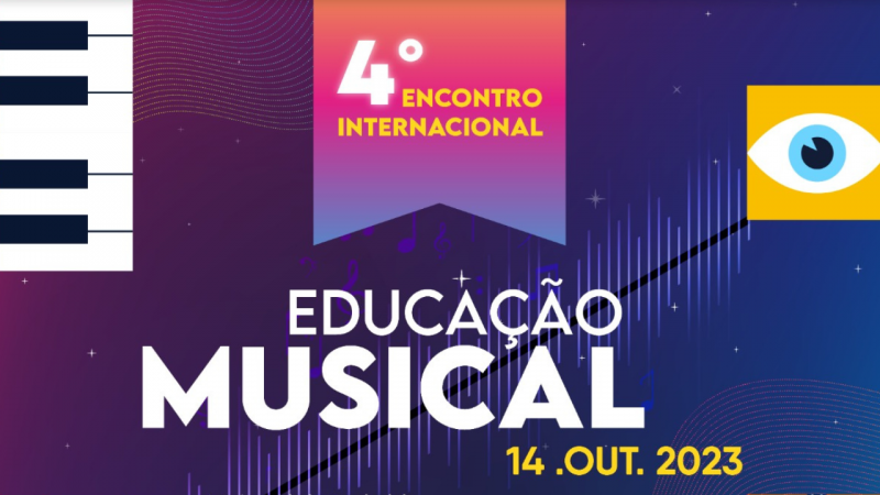Imagem colorida com o nome do evento. Fundo azul escuro, à esquerda representação de um teclado ou piano, à direita, um olho azul sobre a cor amarela.