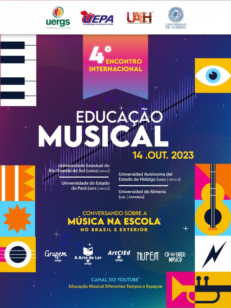 Imagem colorida com o nome do evento, organizadores, tema, data. Fundo azul escuro e elemntos coloridos que representam instrumentos musicais, como viola, trompete, piano.