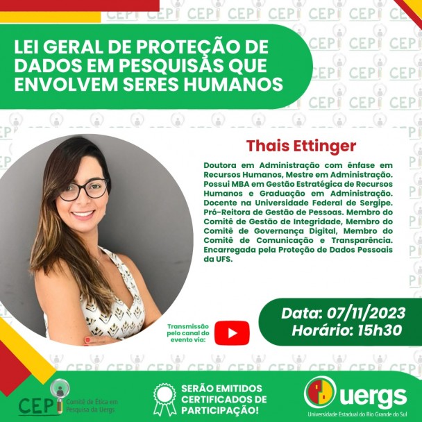 Foto da palestrante em um círculo à esquerda. À direita, dados sobre sua formação e trajetória profissional. Abaixo, data, horário, local do evento.