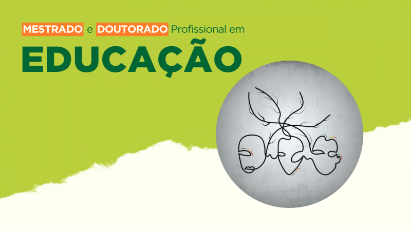 Imagem com fundo verde-limão. No parte superior esquerda, lê-se Mestrado e Doutorado Profissional em Educação. À direita, a imagem do logotipo do Programa dentro de uma elipse cinza.