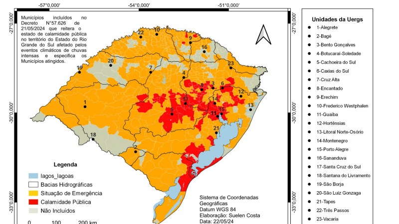 Mapa dos municípios gaúchos em estado de calamidade e situação de emergência