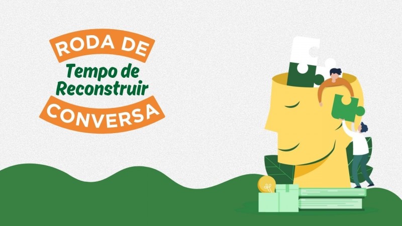 Nome do evento à esquerda, em laranja e verde. À direita, ilustração de uma cabeça humana com peças de quebra cabeça sendo montadas dentro dela.