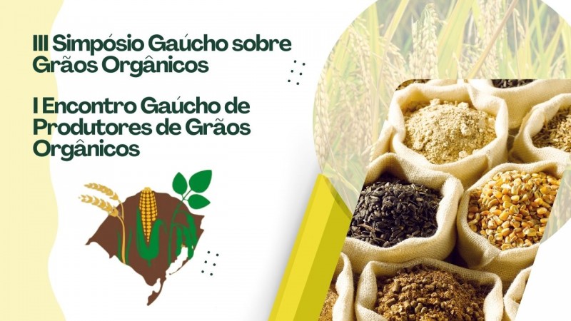 Sobre fundo claro, nome do evento à esquerda, em verde; à direita, foto de sacas com grãos diversos.