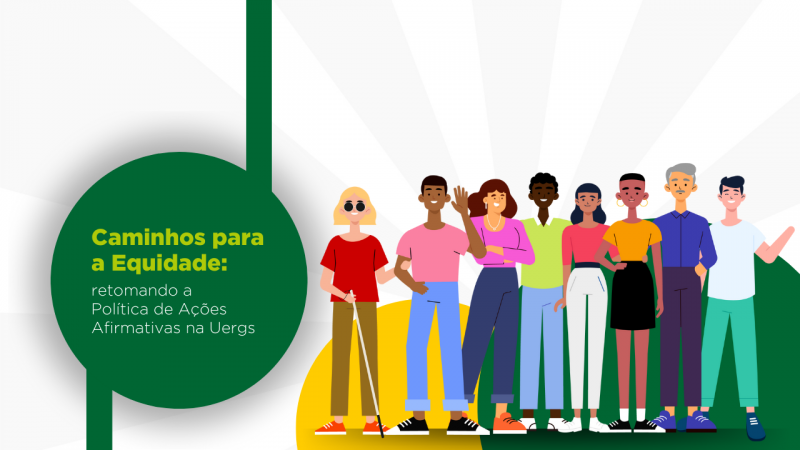 Nome do evento &agrave; esquerda, em um c&iacute;rculo verde. A imagem ao fundo &eacute; uma ilustra&ccedil;&atilde;o de oito pessoas, com pele nos tons branco, preto e pardo. Todas vestem roupas de cores vibrantes, nos tons rosa, azul, verde, vermelho, amarelo. Duas pessoas t&ecirc;m defici&ecirc;ncia f&iacute;sica.