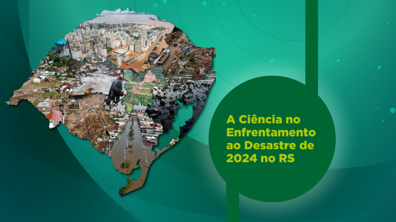 Nome do evento à direita, em um círculo verde escuro. À esquerda, desenho do mapa do Rio Grande do Sul com imagens da enchente ocorrida em maio de 2024, sobre fundo em tons de verde.