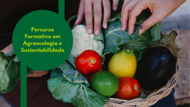 Nome do evento à esquerda, em um círculo verde. Ao fundo, foto colorida de uma cesta de vime com dois tomates vermelhos, um limão verde e outro amarelo, uma beringela e uma couve flor. Duas mãos aparecem tocando nas folhas da couve flor.