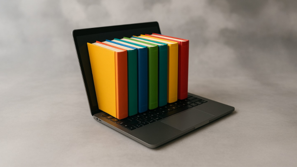 Fotografia de um notebook com livros que saem da sua tela, com capas nas cores vermelha, azul, verde e amarelo saindo da tela. O fundo é cinza com nuvens.