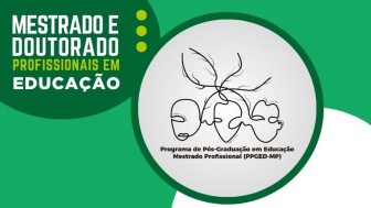 Card com fundo em tons de verde escuro e verde claro. No canto superior esquerdo, em letras grandes e brancas, lê-se: “Mestrado e Doutorado Profissionais em Educação”. A palavra “Profissionais” está em verde-limão. À direita, há um círculo com o logotipo do Programa de Pós-Graduação em Educação – Mestrado Profissional (PPGED-MP), que mostra uma linha contínua formando rostos humanos conectados por raízes ou galhos finos.