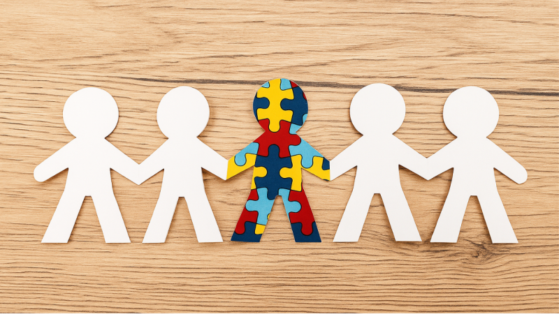 Imagem colorida de cinco bonecos de recorte de papel, colados pelo bra&ccedil;o. O boneco do meio &eacute; preenchido com um quebra-cabe&ccedil;a colorido, usado como s&iacute;mbolo do autismo; os demais bonecos s&atilde;o brancos. O fundo da imagem &eacute; amadeirado.
