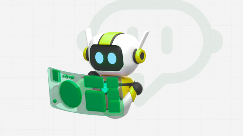 Imagem digital em estilo 3D mostra um robô flutuando no ar. Ele tem corpo branco com detalhes em amarelo e preto, olhos grandes e circulares de cor azul-clara em um rosto preto e retangular. O robô segura uma tela translúcida em tons de verde, que lembra um painel de controle com botões e formas geométricas. Ao fundo, em cor esverdeada e esmaecida, há um grande ícone de balão de fala com dois traços vericais dentro, simbolizando olhos. O fundo é claro, com uma grade sutil.