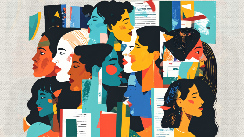Imagem de v&aacute;rios rostos femininos de perfil e em variadas cores, verde, amarelo, laranja, azul, marrom e branco. Entre os rostos, h&aacute; folhas de papel e capas de livros.