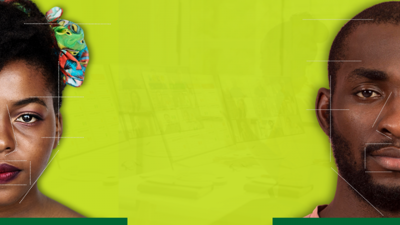 Imagem com fundo verde lim&atilde;o. &Agrave; esquerda, metade da face de uma mulher negra, olhando para a frente, com cabelos pretos presos enfeitados lateralmente com um tecido colorido, olhos pretos e batom vermelho. &Agrave; direita, metade da face de um homem negro, olhando para a frente, com cabelos e barba baixos, olhos pretos.