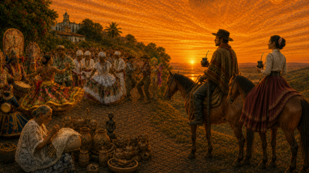 Ilustra&ccedil;&atilde;o de uma celebra&ccedil;&atilde;o cultural ao p&ocirc;r do sol. Em primeiro plano, uma artes&atilde; confecciona uma pe&ccedil;a em renda ao lado de cer&acirc;micas e esculturas artesanais. &Agrave; esquerda, pessoas com vestimentas coloridas dan&ccedil;am e tocam instrumentos, enquanto, ao centro, um grupo celebra com m&uacute;sicas e dan&ccedil;as de diferentes tradi&ccedil;&otilde;es populares. Ao fundo, uma igreja em meio &agrave; vegeta&ccedil;&atilde;o. &Agrave; direita, um homem e uma mulher montados a cavalo observam a cena segurando cuias de chimarr&atilde;o. O c&eacute;u alaranjado, com o sol no horizonte, ilumina toda a paisagem, destacando a diversidade de manifesta&ccedil;&otilde;es culturais representadas na imagem.