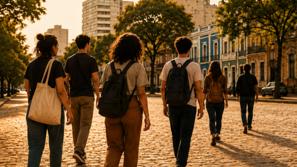 Imagem horizontal, com uma rua de paralelep&iacute;pedos arborizada, iluminada pela luz dourada do fim da tarde. Ao centro e &agrave; esquerda, um grupo de seis pessoas caminha pela rua, visto de costas, algumas carregando mochilas e uma bolsa de tecido. Ao fundo, h&aacute; pr&eacute;dios hist&oacute;ricos, &aacute;rvores e edif&iacute;cios mais altos.
