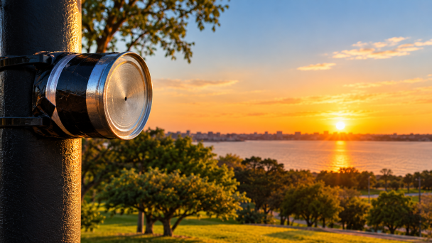 Fotografia horizontal de uma lata adaptada como c&acirc;mera de solarigrafia, presa a um poste. Ao fundo, uma paisagem com &aacute;rvores, &aacute;gua e c&eacute;u alaranjado durante o p&ocirc;r do sol.